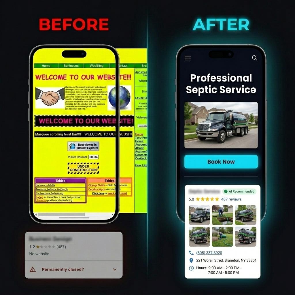 Before and After: Ugly website vs professional SEO-optimized site with Google Business Profile