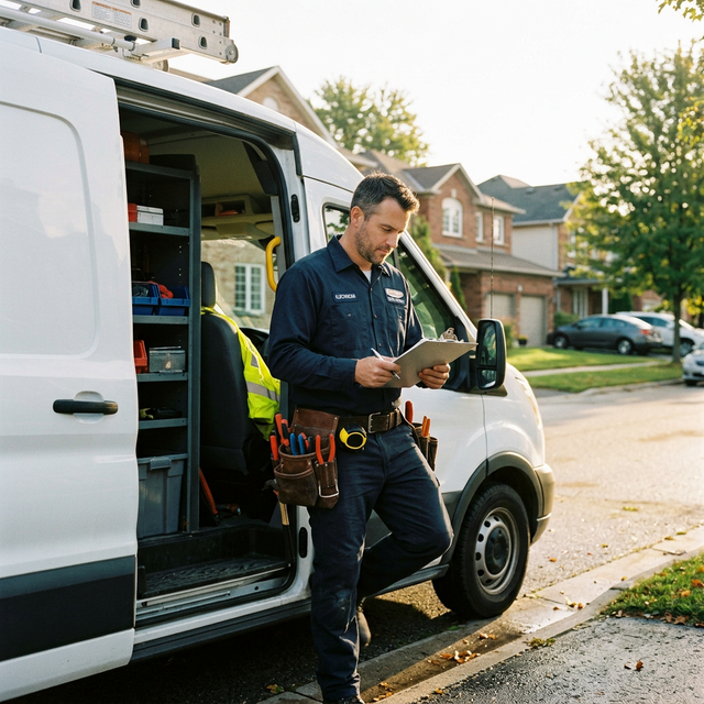 An electrician stepping out of a work van reviewing job details on a clipboard