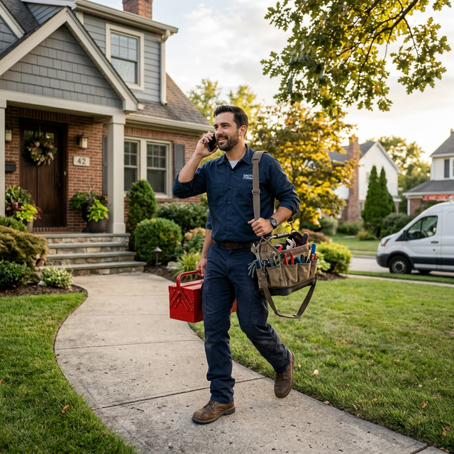 A plumber walking toward a residential home with tools, answering a customer call